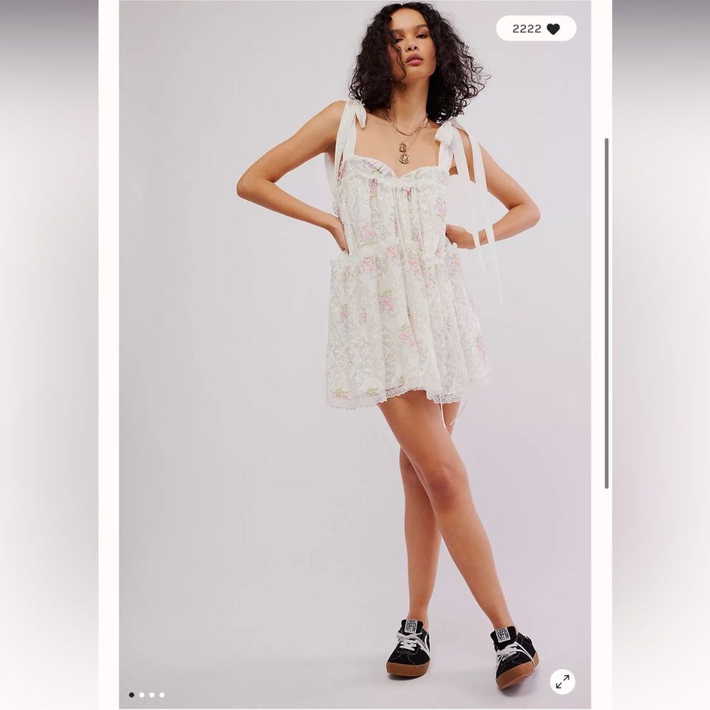 For Love & Lemons Dakota Floral Lace Ruffles Babydoll  Tie Shoulder Mini Dress S